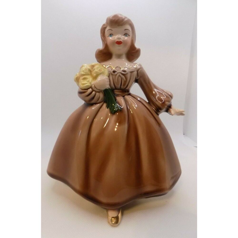Vintage Holland Mold Hand Painted Ceramic Girl Figurine Brown Dress Bouquet